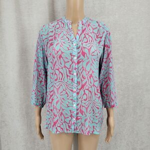 APNY Pink Blue Cupro Viscose Printed Top Button Down Blouse Women's Large